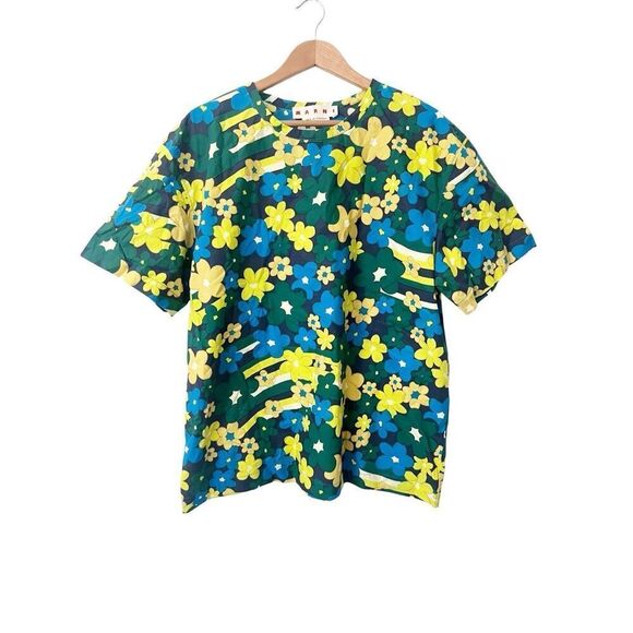 Marni Green Blue Yellow Floral Print Cotton T-Shirt Size EU 42/US 8 - Picture 2 of 7